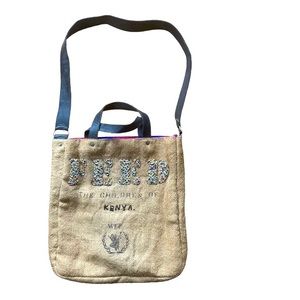 FEED seed bead hand beaded burlap tote bag